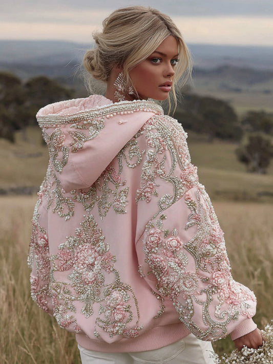 Women's Pink Flower Embroidery Art Long Sleeve Hoodie