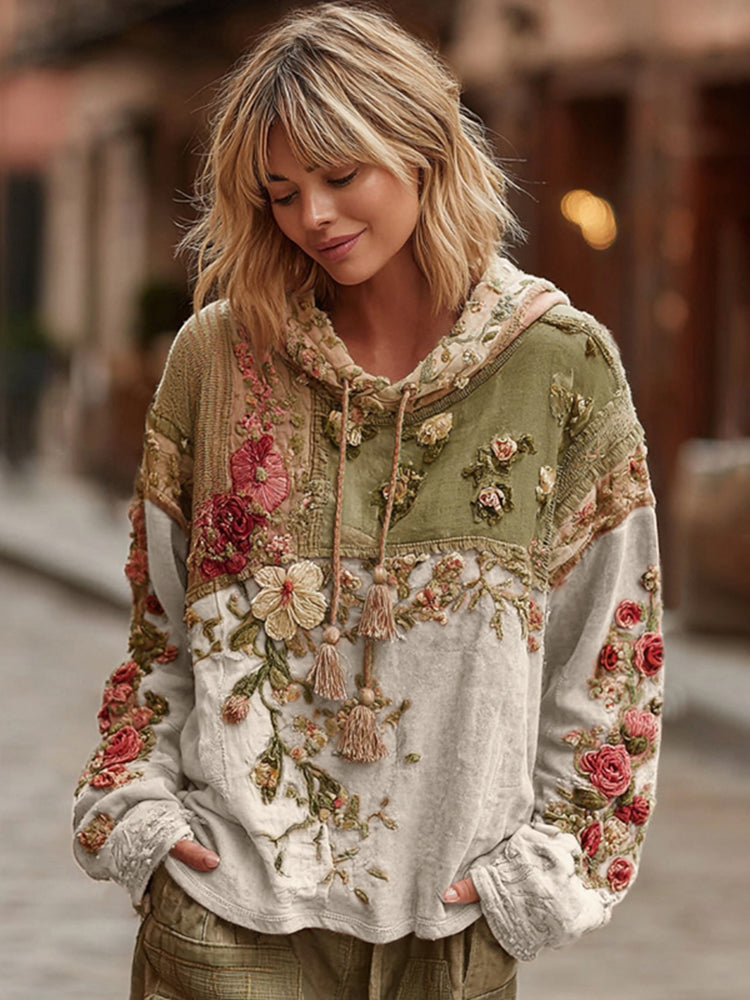 Women's Floral Embroidery Color Block Boho Casual Hooded Sweatshirt